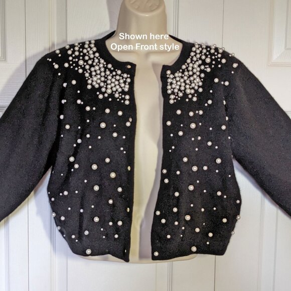 Express Tricot black sweater, White faux pearl trim Made British Crown Hong Kong - Picture 13 of 17